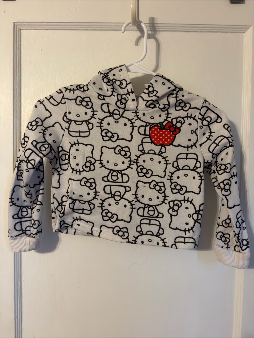 Hello Kitty White & Black Cropped Hoodie with Red Apple Patch